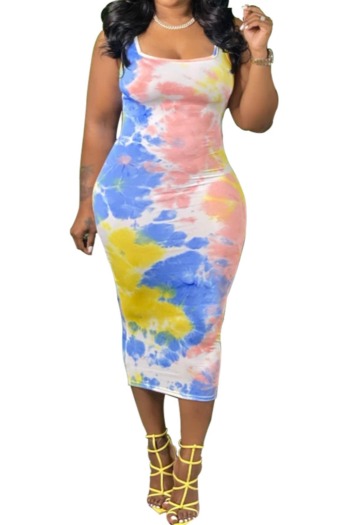 summer multicolor batch printing plus size sleeveless stretch slim midi dress