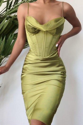 xs-l new solid color satin micro-elastic padded underwire boning adjustable straps low-cut zip-up back sexy high quality midi dress