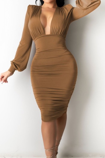 Plus size three colors solid color autumn new fashion deep v-neck stretch pleated midi dress