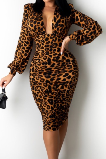 plus size leopard batch printing autumn new fashion deep v-neck stretch pleated midi dress