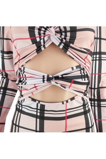 Autumn new lattice printing stretch hollow zip-up back bodycon sexy midi dress