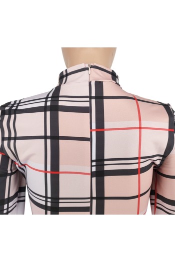 Autumn new lattice printing stretch hollow zip-up back bodycon sexy midi dress