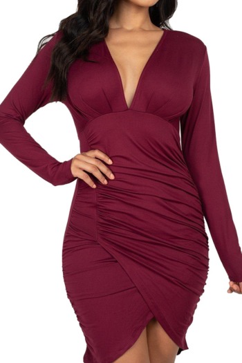 Solid color plus size 5 colors autumn v-neck simple stretch pleated mini dress