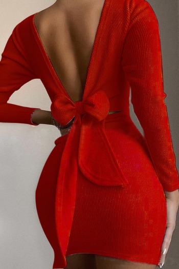 autumn new plus size solid color ribbed fabric backless bowknot sexy bodycon mini dress