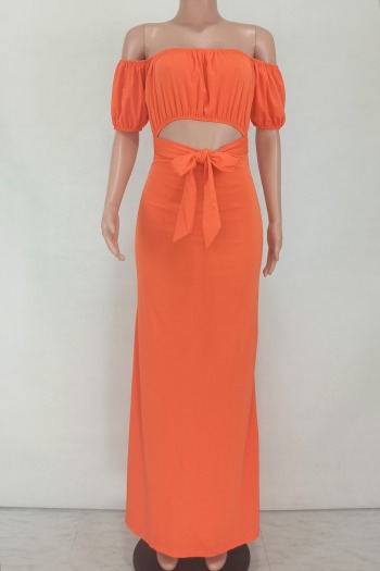 New plus size solid color stretch off-shoulder hollow knotted zip-up back stylish maxi dress