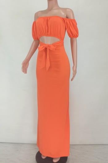 New plus size solid color stretch off-shoulder hollow knotted zip-up back stylish maxi dress