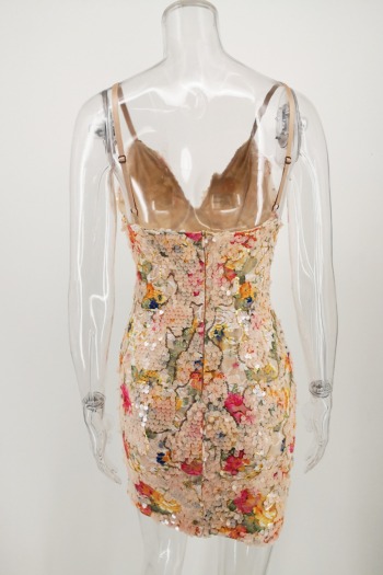 Summer new stylish batch printing sequin zip-up sling micro elastic mini evening dress