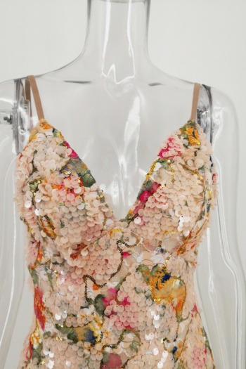Summer new stylish batch printing sequin zip-up sling micro elastic mini evening dress