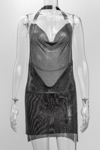 Sexy XS-M solid color metal low cut halter neck new stylish rhinestone slit mini dress