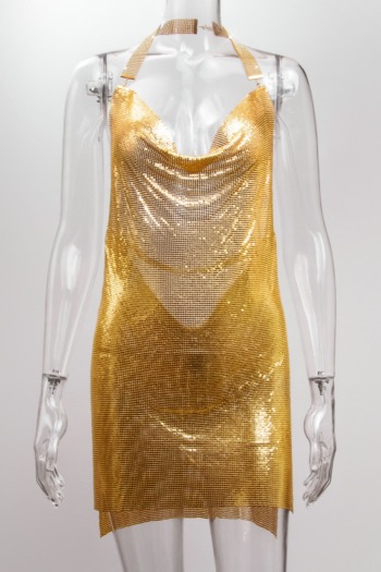 Sexy XS-M solid color metal low cut halter neck new stylish rhinestone slit mini dress