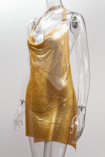 Sexy XS-M solid color metal low cut halter neck new stylish rhinestone slit mini dress