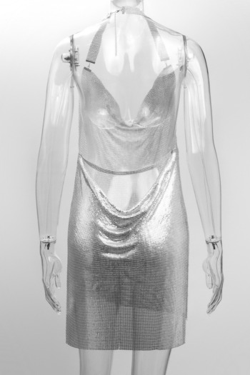 Sexy XS-M solid color metal low cut halter neck new stylish rhinestone slit mini dress