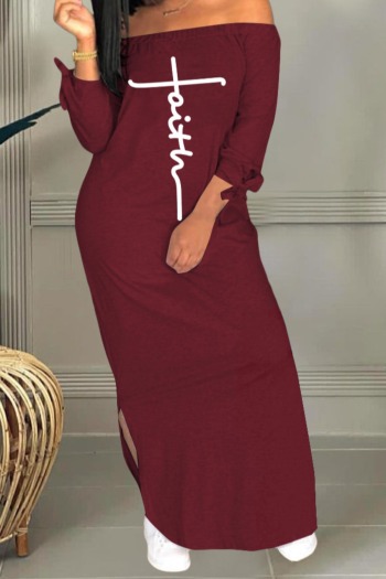 Autumn new plus size letter printing stretch off-shoulder low-split stylish casual maxi dress