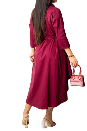 Early autumn solid color single breasted three-quarter sleeve new stylish inelastic midi dress (with belt)