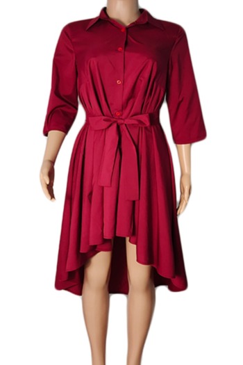 Early autumn solid color single breasted three-quarter sleeve new stylish inelastic midi dress (with belt)