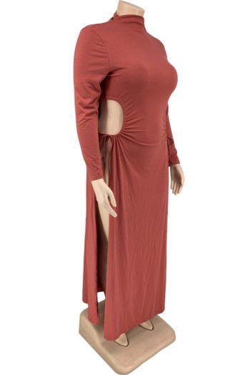 Autumn plus size XL-5XL lace-up high collar simple sexy high slit maxi dress