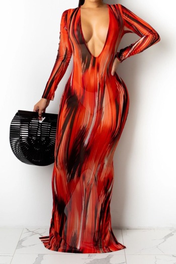 plus size new stylish batch printing deep v-neck stretch autumn sexy slim maxi dress
