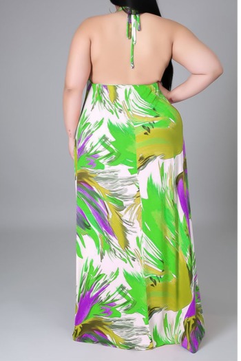 summer halter neck plus size l-4xl multicolor batch printing stylish sexy maxi dress
