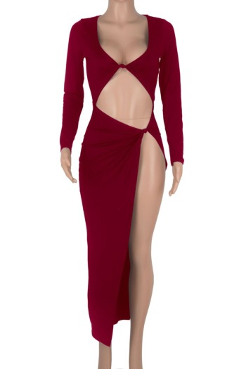 Autumn plus size solid color deep v-neck new stylish hollow out sexy stretch high slit midi dress