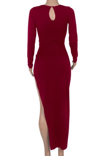 Autumn plus size solid color deep v-neck new stylish hollow out sexy stretch high slit midi dress