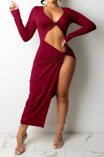 Autumn plus size solid color deep v-neck new stylish hollow out sexy stretch high slit midi dress