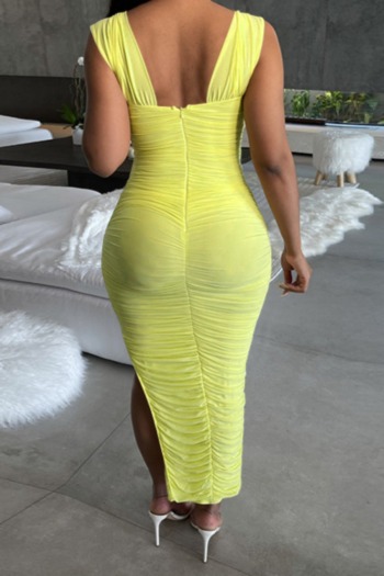 Summer new plus size solid color stretch wide-strap invisible zip-up back ruched low-slit sexy maxi dress