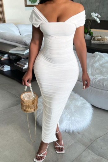 Summer new plus size solid color stretch wide-strap invisible zip-up back ruched low-slit sexy maxi dress