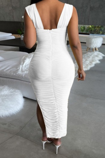 Summer new plus size solid color stretch wide-strap invisible zip-up back ruched low-slit sexy maxi dress