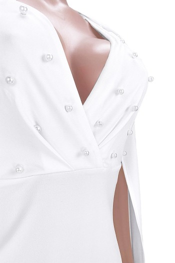 New stylish autumn solid color pearl v-neck micro elastic slim midi dress