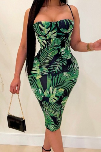summer new plus size leaf batch printing see through mesh stretch adjustable straps ruched sexy bodycon midi dress (without lining)