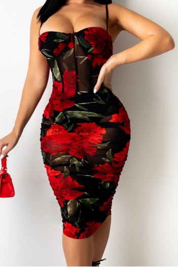 summer new plus size two colors flower batch printing see through mesh stretch adjustable straps ruched sexy bodycon midi dress (without lining)