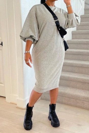 autumn plus size pure color new style round neck loose fashion stretch simple casual midi dress