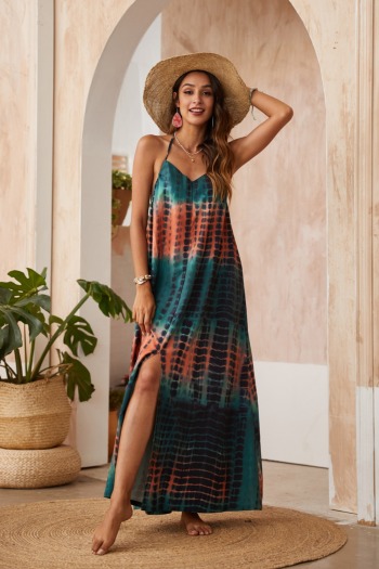 summer new tie-dye inelastic halter-neck backless high-slit sexy beach maxi dress 1#