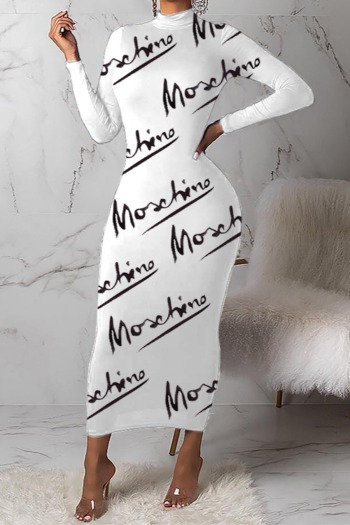 autumn new plus size all-over letter printing stretch stylish minimalist dress