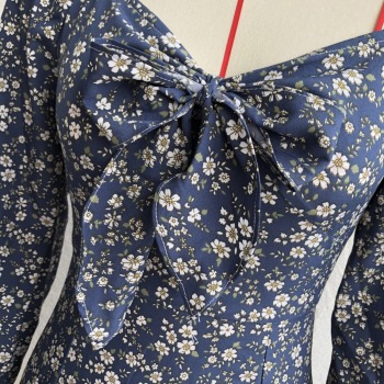 Autumn new three colors floral printing inelastic V-neck ruffle zip-up back stylish sweet mini dress