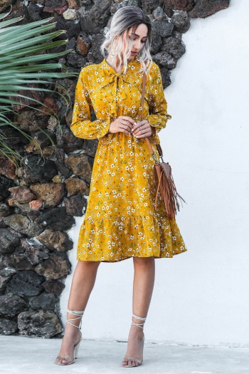 Autumn new two colors all-over floral printing inelastic bowknot stylish vintage pastoral style midi dress