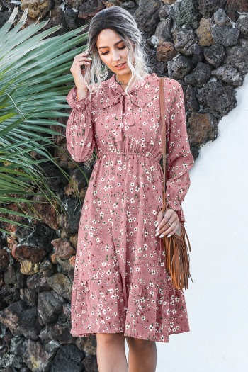Autumn new two colors all-over floral printing inelastic bowknot stylish vintage pastoral style midi dress