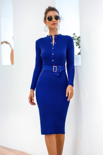 autumn solid color knitted stretch single-breasted elegant stylish midi dress with belt