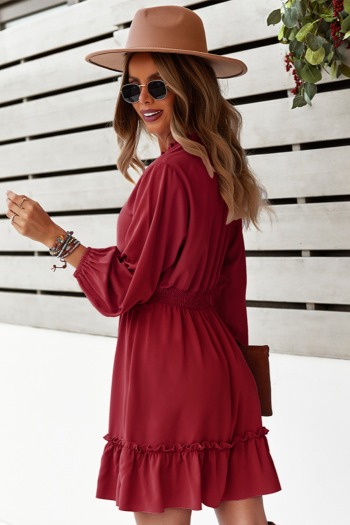 Early autumn long sleeve ruffle lace-up solid color casual waist mini dress