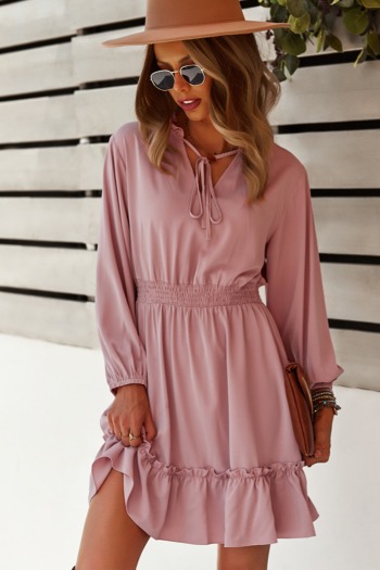 Early autumn long sleeve ruffle lace-up solid color casual waist mini dress