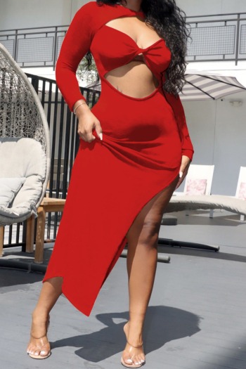 autumn new plus size solid color stretch hollow high-slit sexy maxi dress