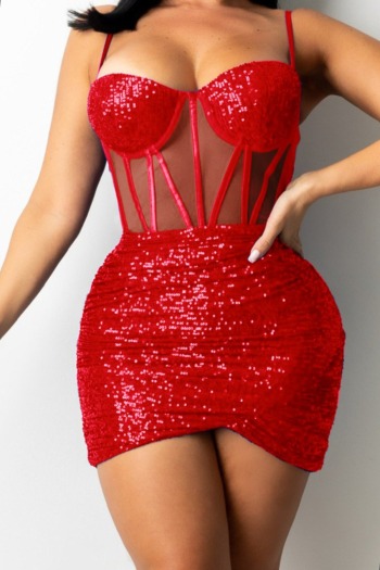 summer new style sequins mesh see-through tight pleating sling zip-up sexy plus-size mini dress