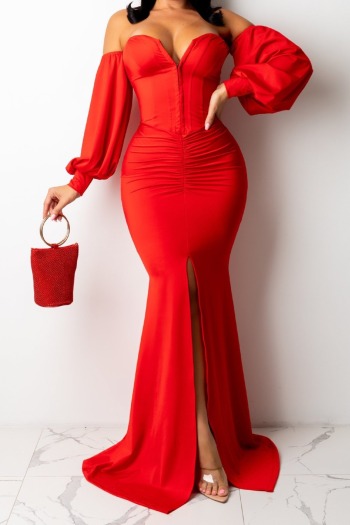 early autumn long sleeve plus-size solid color zip-up pleated high slit elegant micro-elastic maxi dress