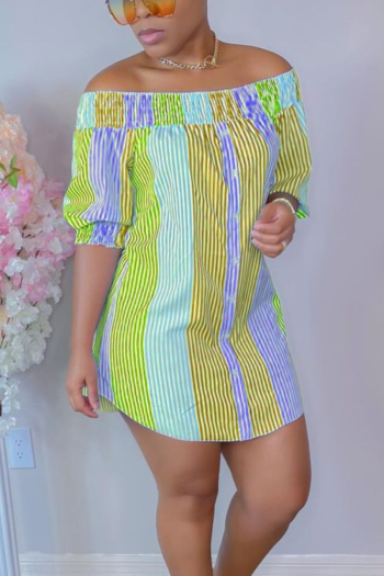 summer multicolor vertical stripe printing inelastic off-shoulder casual mini shirtdress 2#