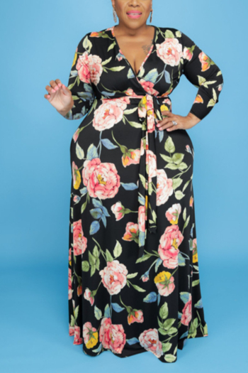 xl-5xl autumn new all-over flower batch printing stretch v-neck stylish casual maxi dress with belt 2#