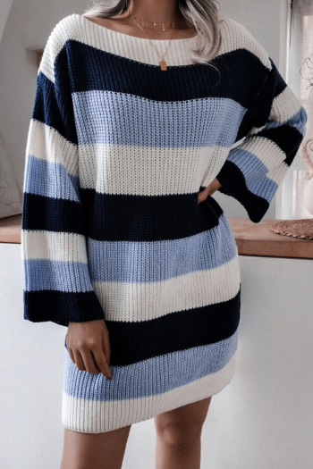 autumn new stylish contrast color streak stretch knitted sweater mini dress