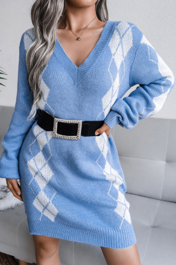 knitted autumn three color v-neck loose stretch new stylish loose sweater mini dress (without belt)
