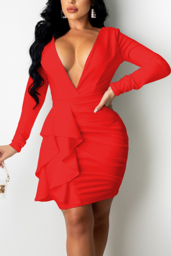 solid color early autumn deep v-neck ruffle stretch plus size sexy slim mini dress