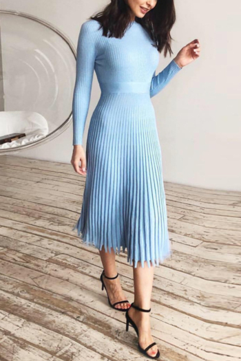 Autumn plus size solid color knitted stretch pleated stylish elegant midi dress