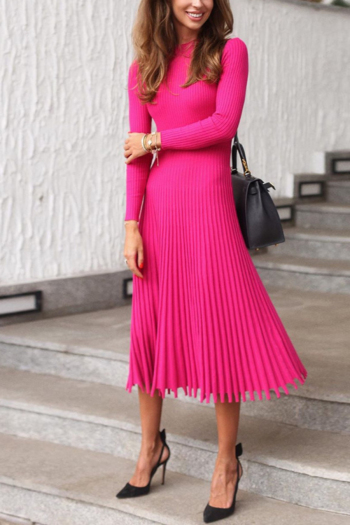 Autumn plus size solid color knitted stretch pleated stylish elegant midi dress